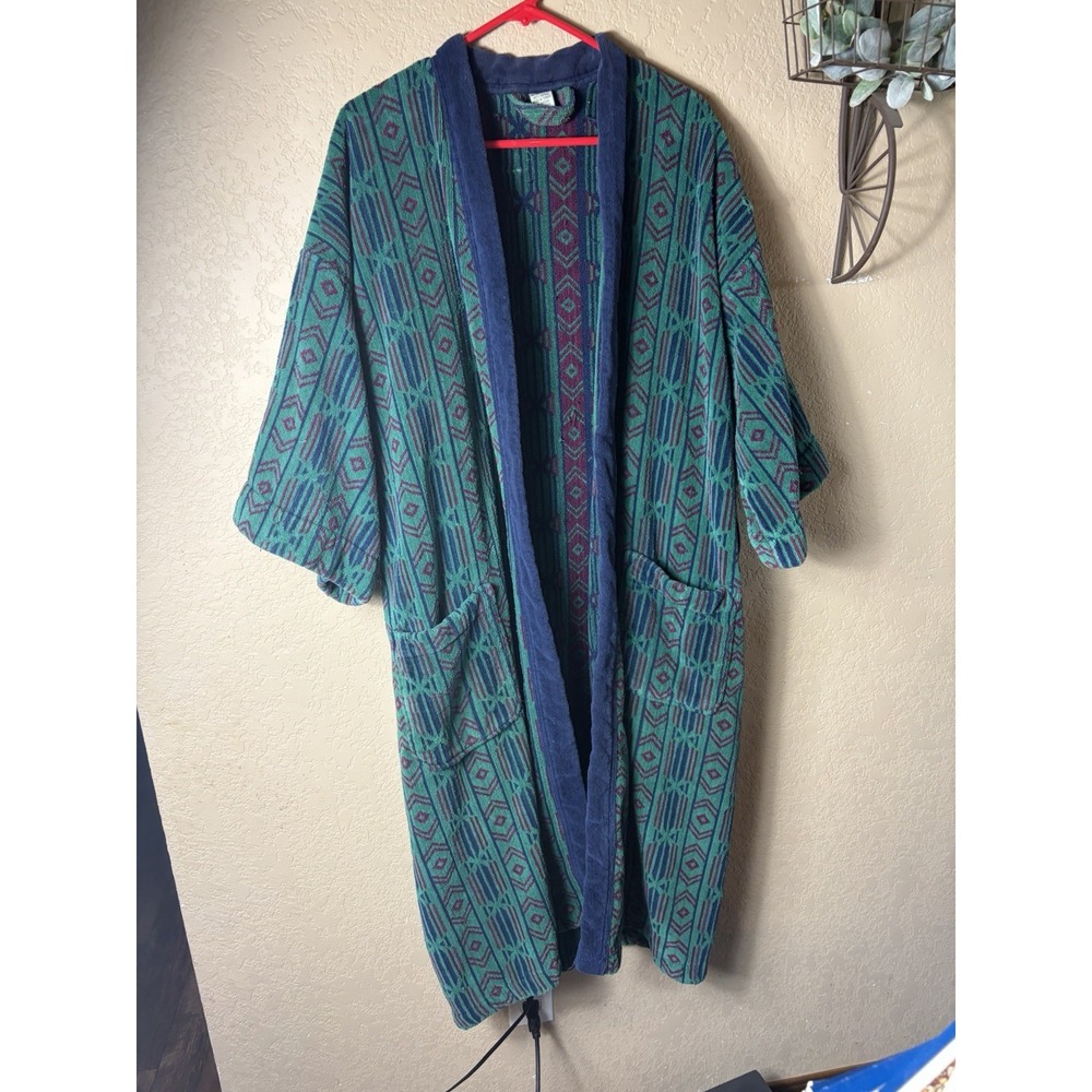 VTG 90s Terry Cloth Robe OS Plaid Green Blue Plaid Lounge Cozy Dad Core